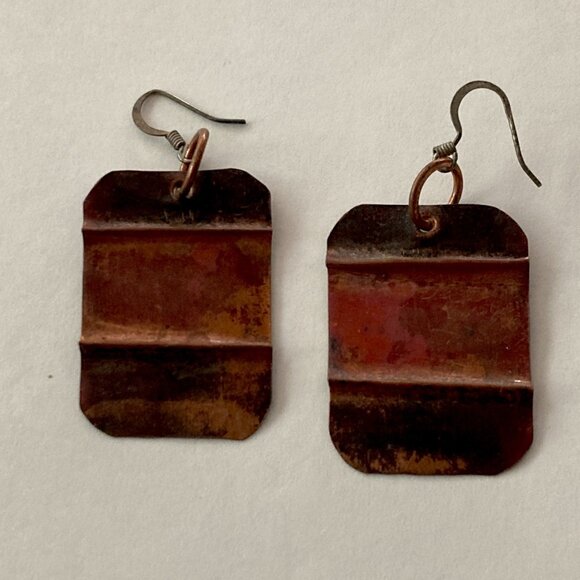 Handmade Drop Earrings Copper Fold Formed Hammered Painted Flame Rustic Patina - Picture 1 of 6